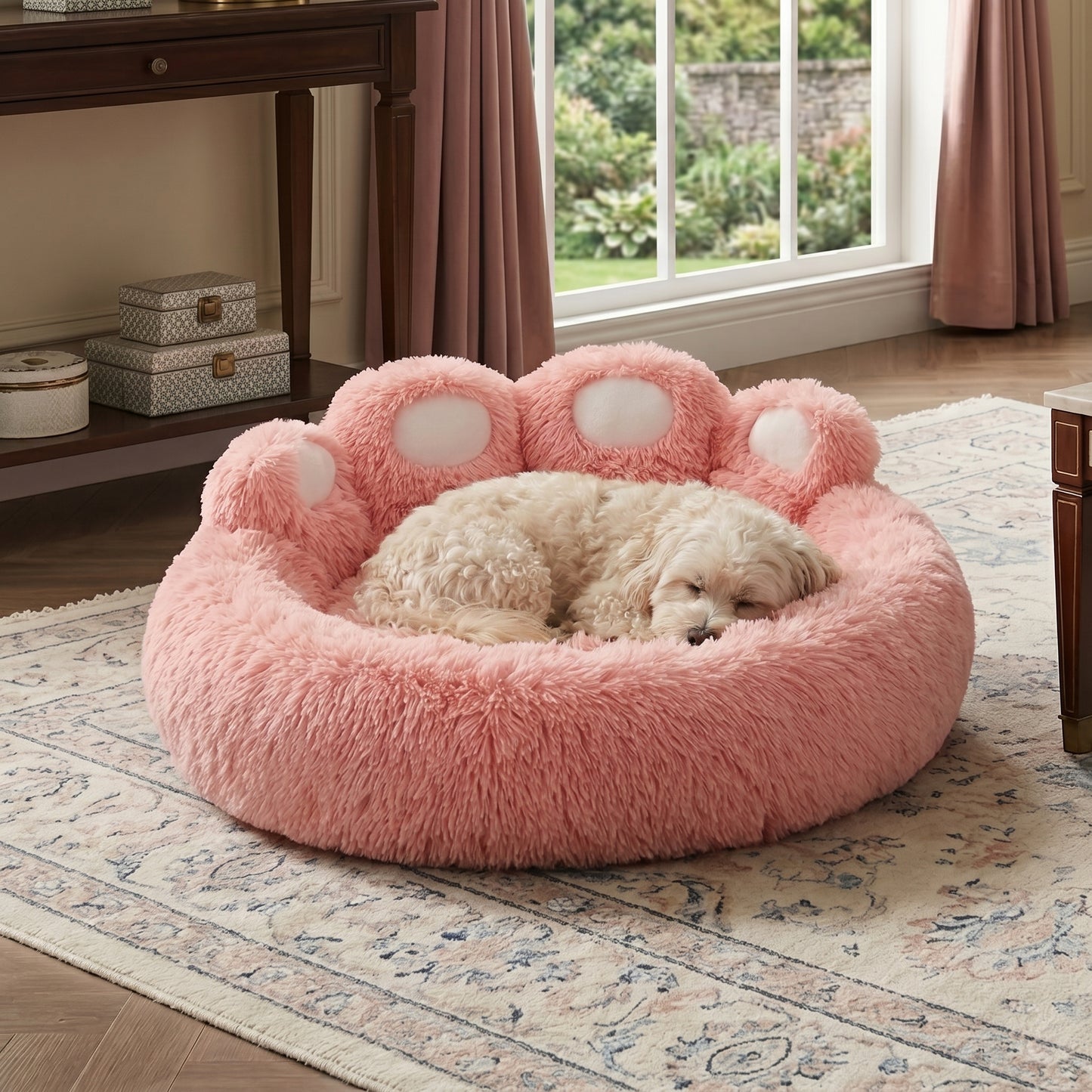 Pink Fluffy Calming Dog Bed – Soft Warm Pet Sofa