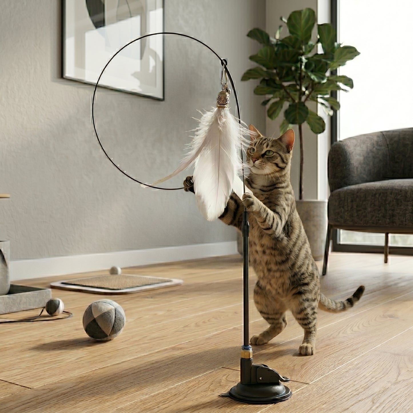 Interactive Cat Teaser Wand with Feather & Bell – Suction Cup Cat Toy Stick