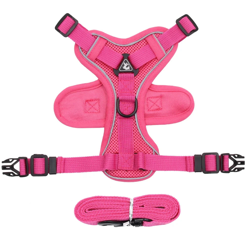 Pink Adjustable Cat Harness & Leash Set with Reflective Trim.
