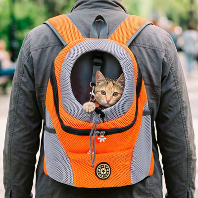 Orange Portable Pet Carrier Backpack – Breathable Front & Back Travel Bag