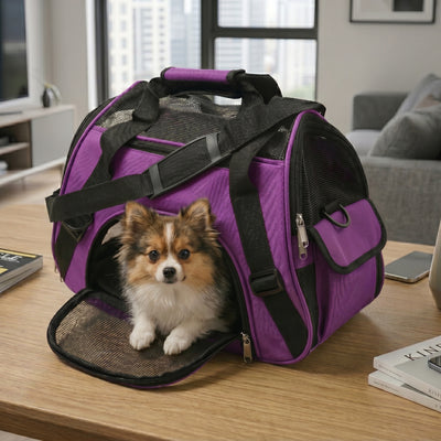 Purple Foldable Mesh Pet Carrier Bag – Breathable Soft Travel Tote for Cats & Small Dogs